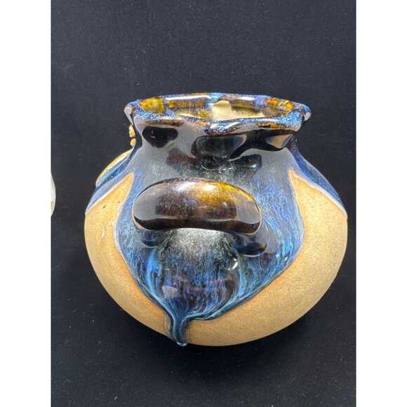 Vintage Art Pottery Vase Blue Drip Glaze w/ Dragonfly Design Handles Home Decor - Picture 4 of 10